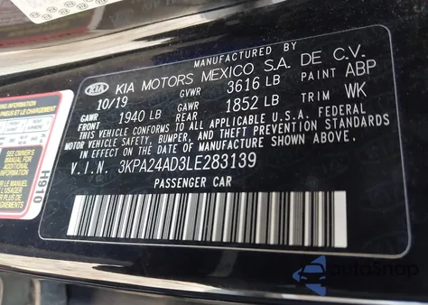 2020 Kia Rio S from USA, damaged, VIN 3KPA24AD3LE283139